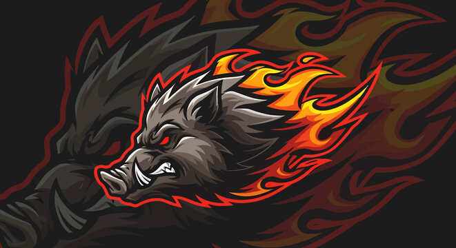 Boar Head with Fiery Flames Graphic Design for T Shirt and Logo