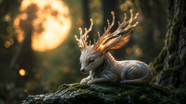 Digital illustration of a mythical white jackalope animal. High quality background design suitable for futuristic concepts, website banners, landing pages, and creative projects.