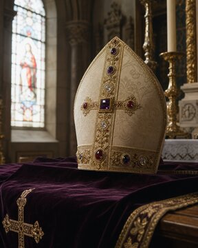 A bishop's ceremonial hat resting on dark velvet cloth, gemstones gleaming.