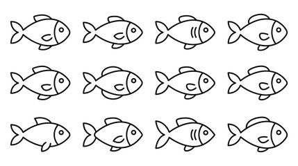 Obraz premium Fish icon set with different line art styles for coloring books and marine life graphics.
