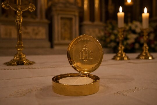 Open pyx containing white communion wafer on altar, illuminated by candlelight, still composition.