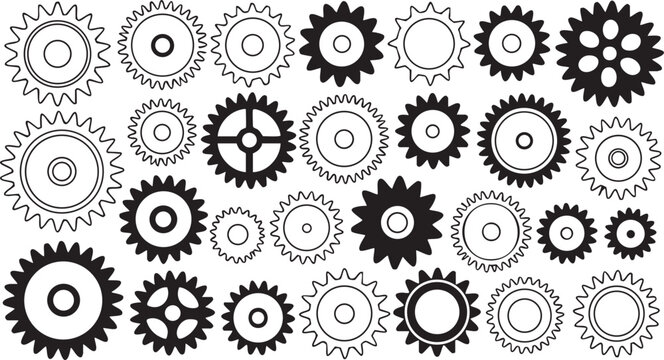 A large collection of various mechanical gear in black and white, featuring different tooth and sizes on a white background