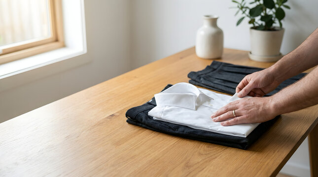 Person folding clean white shirt on wooden table at home with clothing housework domestic lifestyle organizing wardrobe pressing interior preparing household minimalist