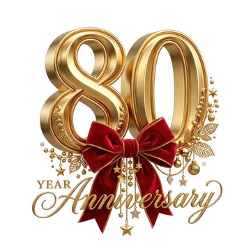 Golden 80th Anniversary Celebration with Red Velvet Bow and Stars.