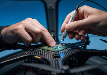 Fototapeta premium Technician repairing drone circuit board with soldering tool