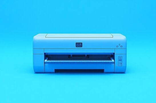 Blue printer on blue background, front view, paper tray open office equipment technology