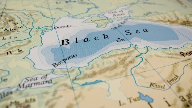 black sea, turkey and crimea peninsula map gliding camera view showing coastal region