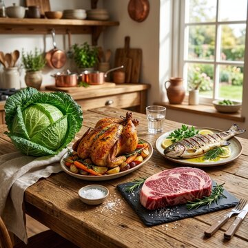 Rustic Kitchen Table Feast Roasted Chicken Fish Steak and Cabbage.