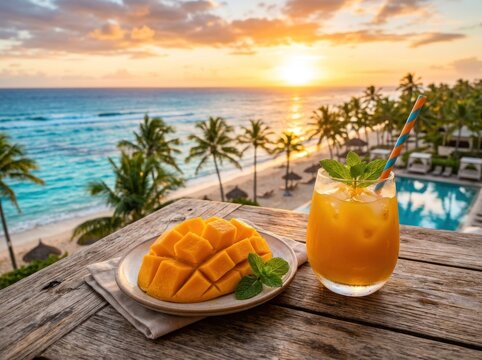 Tropical Paradise Sunset with Mango and Cocktail by the Beach.