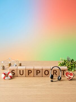 Support Word Blocks with Heart and Headset on Wooden Table.