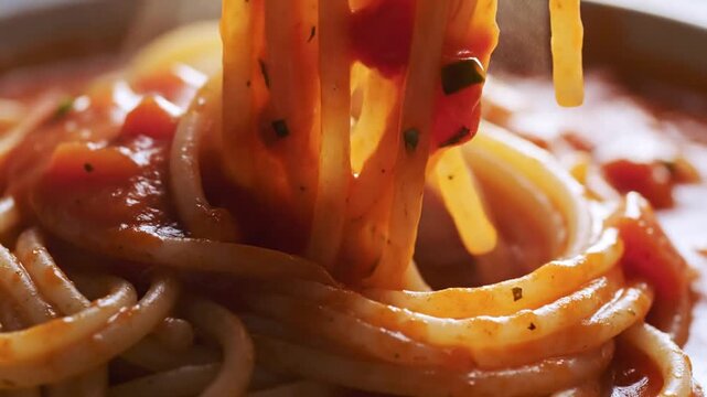 Macro shot of long spaghetti pasta strands heavily coated in thick red tomato sauce with herb specks and small vegetable pieces, featuring dark metal fork tines on the side.