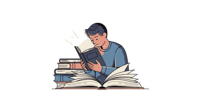 Young man engrossed in reading a book surrounded by a stack of books.