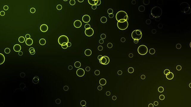 Abstract neon green rings floating gently on a dark background. Features glowing circular bokeh bubbles moving slowly in a seamless loop animation.