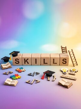 Wooden Blocks Spell SKILLS with Graduation Caps and Ladders Symbolizing Education and Career Growth.