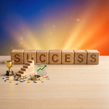 Wooden Blocks Spell Success with Trophy and Stairs Symbolizing Achievement.