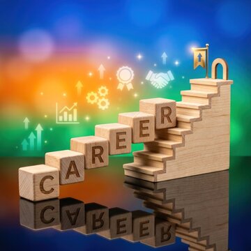 Wooden Blocks Spelling Career Ascending Staircase with Business Icons.
