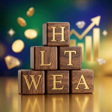 Wooden Blocks Spelling Out Wealth with Financial Growth Symbols.