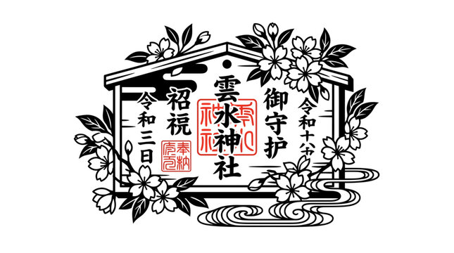 Black and white Japanese ema tablet with calligraphy.