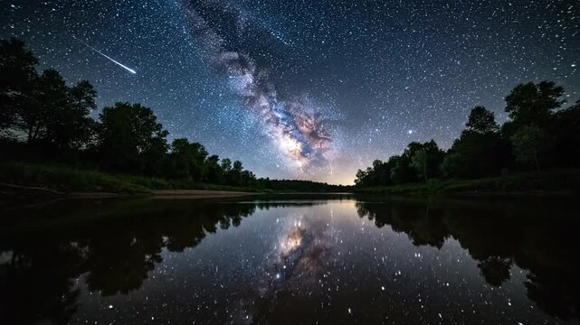 Milky Way galaxy spanning over a calm river at night with mirror reflection of starry sky and tree silhouettes in still water, dark wilderness forest landscape under clear cosmos.