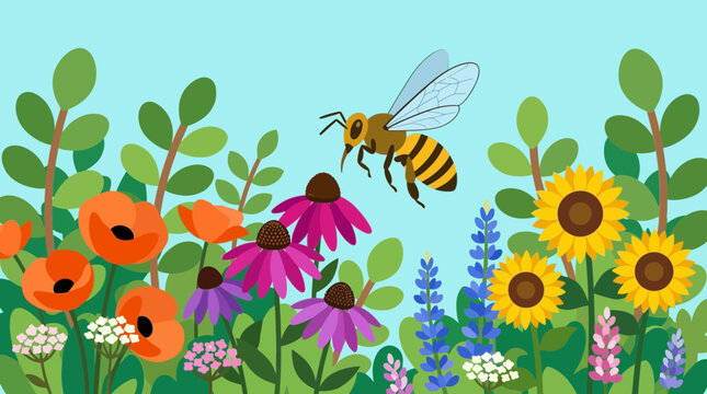 Cartoon Bee Flying Over Colorful Wildflower Meadow Illustration