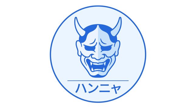 Blue hannya demon mask in a circular frame illustration.