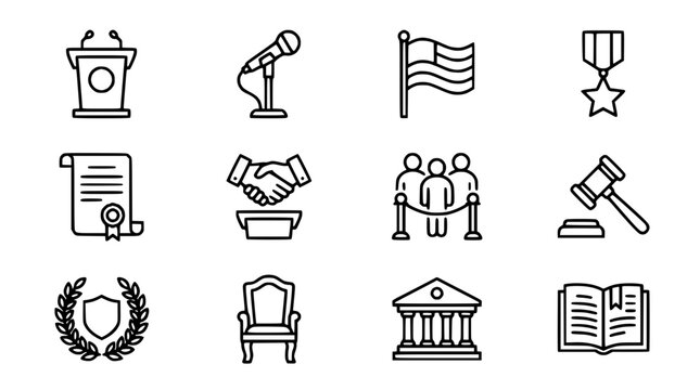 Government and Law Icons: Courthouse, Gavel, Flag, Podium, Diploma, Handshake, Book