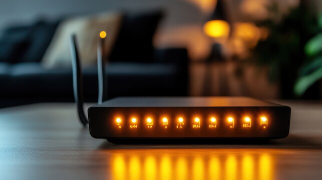 Close up of lit internet modem displaying connection status