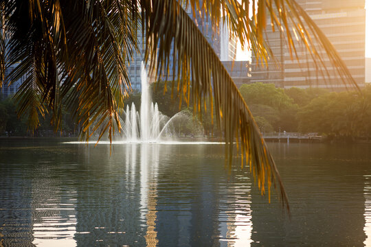 Scenic view of a large water fountain in a pond at Lumphini Park with Bangkok city skyscrapers in golden sunset light