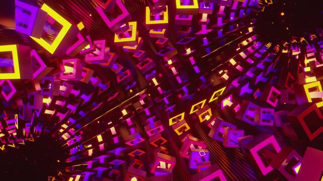 Hypnotic seamless loop of a futuristic geometric array. Abstract digital system made of rotating square prisms, crystalline lattices and textured metal grids, creating deep abstract background.