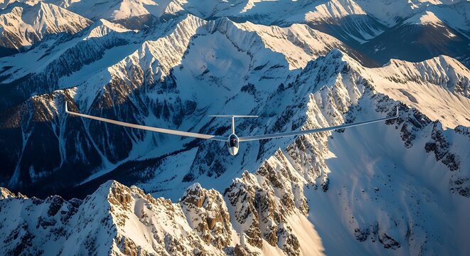 A glider soars above snow-capped, jagged mountain peaks bathed in golden sunlight