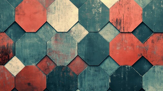 Abstract geometric background of textured octagons in red, gray, and white.