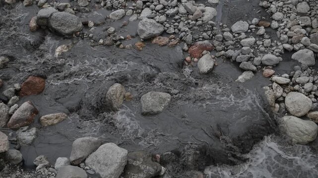 Background of a mountain river with strong flow, cloudy after precipitation