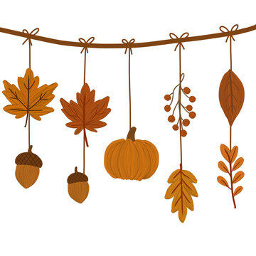 Autumn garland hanging with maple leaves pumpkin and acorns vector Boho fall hanging decoration with thanksgiving pumpkin and dry leaves Cozy autumn harvest hanging ornaments illustration for banner