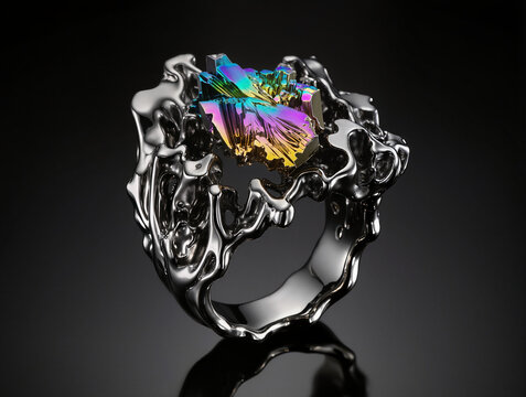 Avant-garde liquid silver ring with iridescent rainbow bismuth crystal cluster