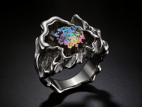 Avant-garde liquid silver ring with iridescent rainbow bismuth crystal cluster