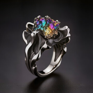Avant-garde liquid silver ring with iridescent rainbow bismuth crystal cluster