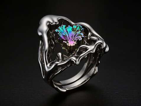 Avant-garde liquid silver ring with iridescent rainbow bismuth crystal cluster