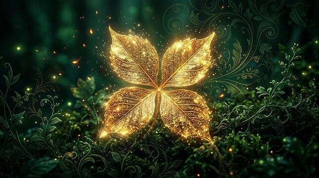 Enchanted Luminescent Auric Quadfoliate Foliage Radiating Wealth and Destiny on Emerald Backdrop A brilliant shimmering four petal leaf specimen gleams intensely against a deep jade setting