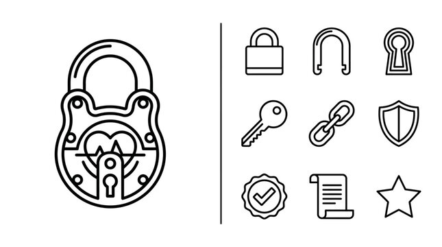 Security and Cyber Privacy Icon Set with Padlock and Keyline Art
