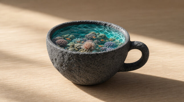 An aesthetic surreal conceptual photograph of a minimalist cup made of rough grey volcanic basalt rock on a light oak wood table, filled with clear turquoise ocean water and a miniature living coral r