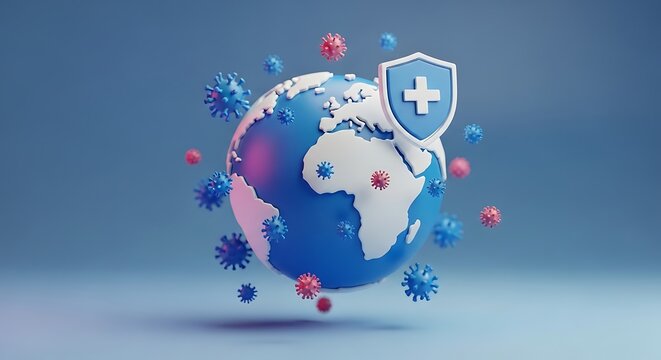 A globe surrounded by virus illustrations and a shield icon, symbolizing health protection