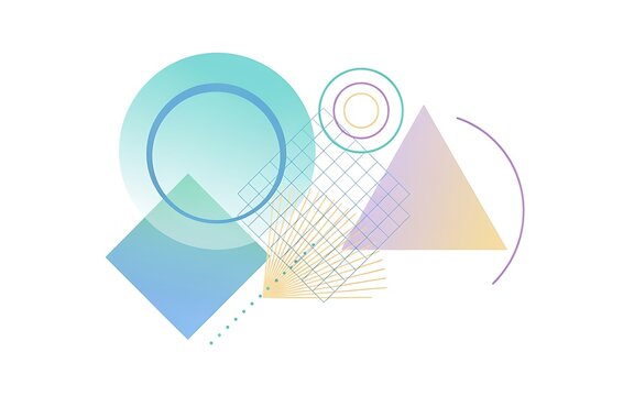 Modern abstract geometric vector art with colorful circles, triangles, squares, and lines