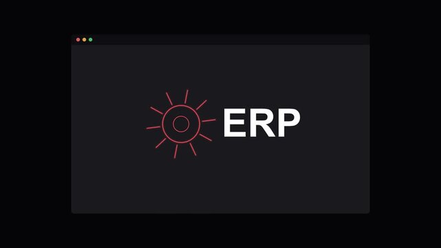 ERP enterprise resource planning text with a rotating neon gear on a dark screen, red neon