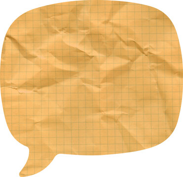 Crumpled orange graph paper speech bubble icon with grid lines and wrinkled texture for vintage communication design elements