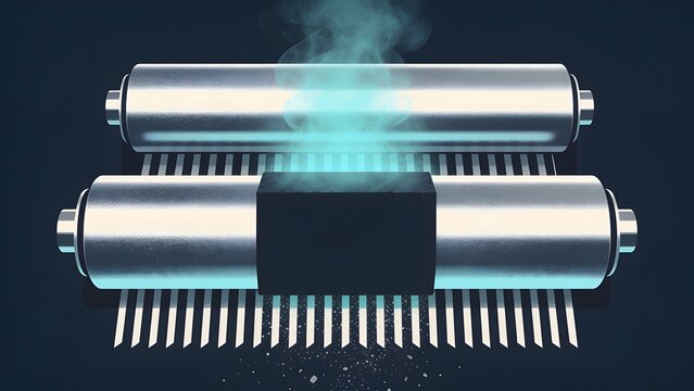 Detailed 3D graphic illustration of steel grinding rollers crushing a solid dark cube with blue smoke rising, suitable for document destruction and digital data shredding concepts.