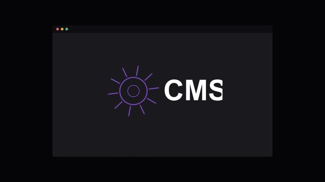 CMS content management system text with a rotating neon gear on a dark screen, violet neon