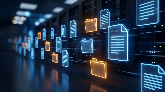 Digital document and folder icons flowing across a secure server network, representing efficient data management, cloud storage, and information security.