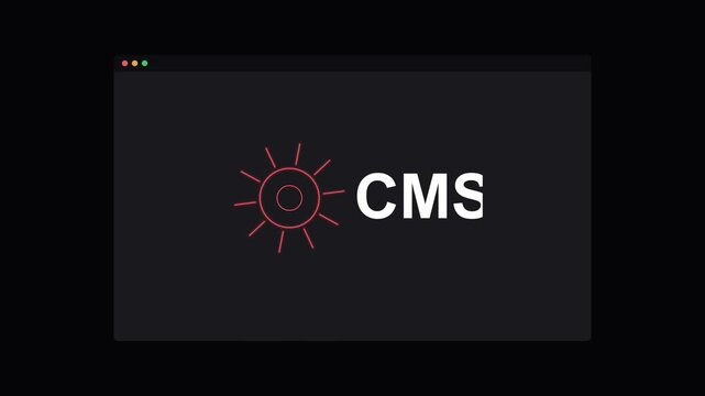 CMS content management system text with a rotating neon gear on a dark screen, red neon