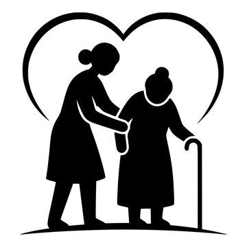 Senior Care Silhouette of Caregiver Supporting Elderly Woman with Cane Under a Heart for Assisted Living and Home Care