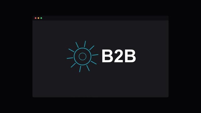 B2B business to business text with a rotating neon gear on a dark screen, cyan neon